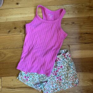 Old Navy Girls 6-7 Floral Linen Shorts w/ Pink Cat & Jack Ribbed Tank Top 6/6x